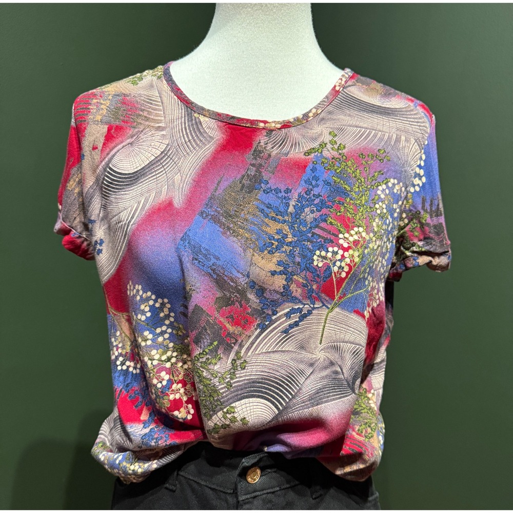 N Phuong Duong Abstract Floral Print Short Sleeve Shirt Women's Size L